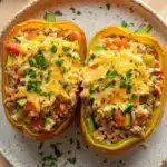 Stuffed bell peppers low fodmap - the image shows two stuffed bell peppers on a white plate. the peppers are yellow in color and have a crispy texture. they are filled with a mixture of ground meat, vegetables, and cheese, and are garnished with chopped parsley. the plate is sitting on a wooden table with a few sprigs of parsley scattered around it.