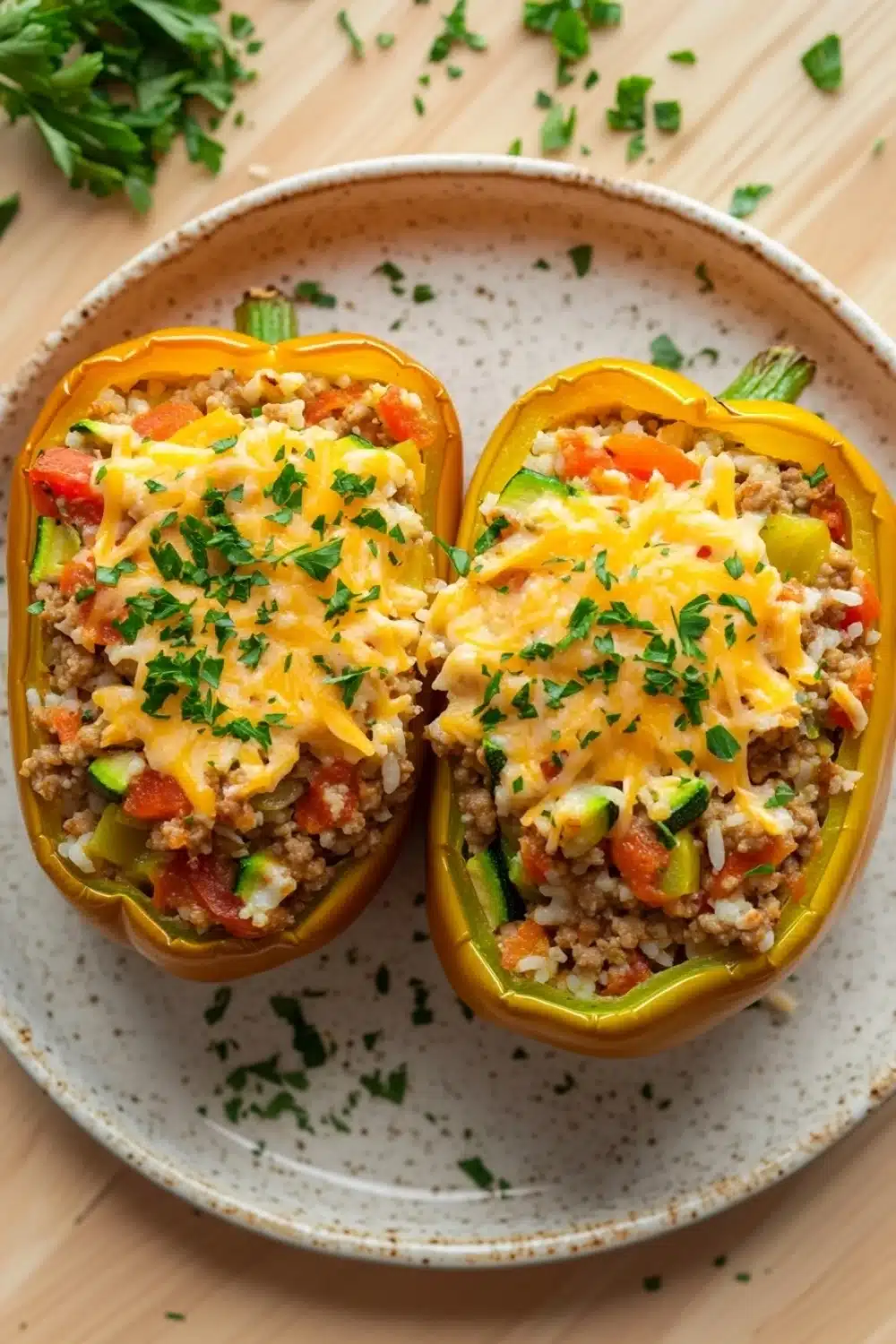 Stuffed bell peppers low fodmap - the image shows two stuffed bell peppers on a white plate. the peppers are yellow in color and have a crispy texture. they are filled with a mixture of ground meat, vegetables, and cheese, and are garnished with chopped parsley. the plate is sitting on a wooden table with a few sprigs of parsley scattered around it.