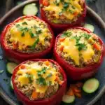 Stuffed bell peppers low fodmap - the image shows four red bell peppers arranged in a circular pattern on a blue plate. the peppers are filled with a mixture of quinoa, vegetables, and cheese, and are garnished with fresh cilantro. the plate is placed on a wooden table with a few slices of cucumber scattered around it. the background is blurred, but it appears to be a rustic kitchen countertop.