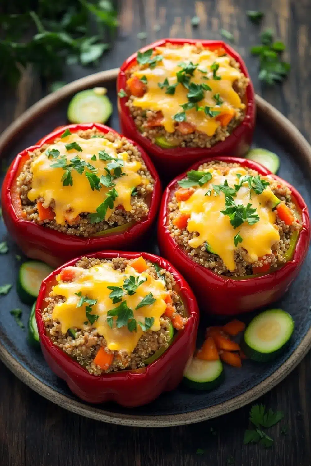 Stuffed bell peppers low fodmap - the image shows four red bell peppers arranged in a circular pattern on a blue plate. the peppers are filled with a mixture of quinoa, vegetables, and cheese, and are garnished with fresh cilantro. the plate is placed on a wooden table with a few slices of cucumber scattered around it. the background is blurred, but it appears to be a rustic kitchen countertop.