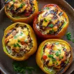 Stuffed bell peppers on grill - the image shows four stuffed bell peppers on a brown plate. the bell peppers are yellow in color and have a golden brown crust on top. they are filled with a mixture of rice, meat, and vegetables, and are garnished with fresh parsley. in the background, there is a small bowl of sliced tomatoes and a sprig of parsley on a wooden table. the overall color scheme of the image is warm and inviting.