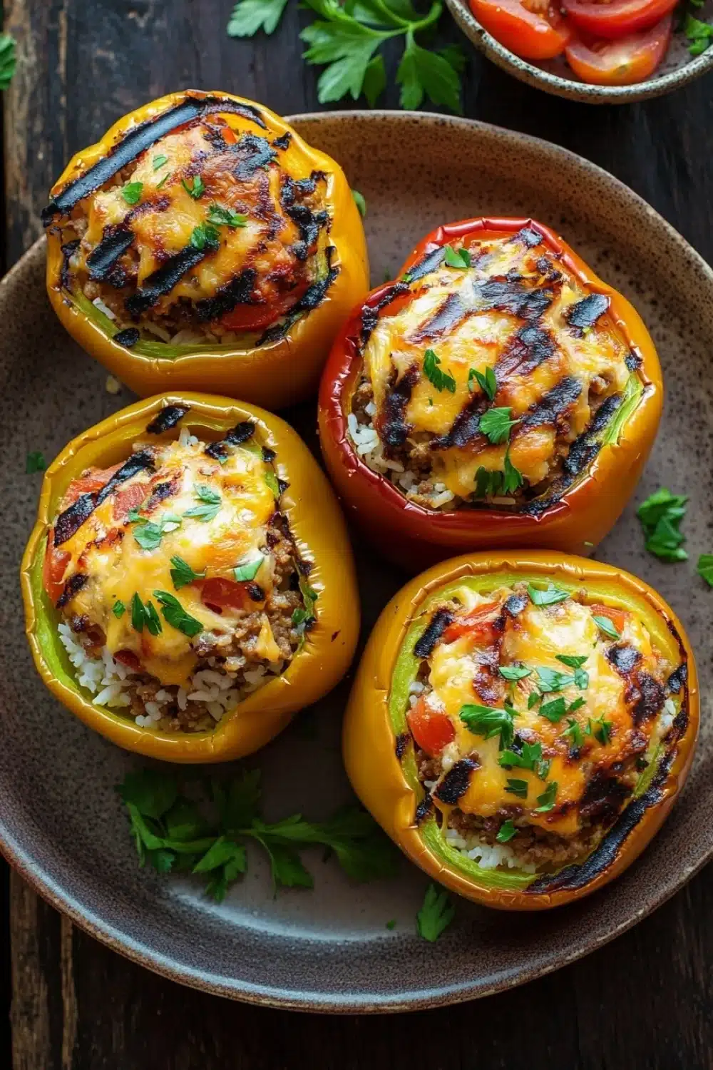 Stuffed bell peppers on grill - the image shows four stuffed bell peppers on a brown plate. the bell peppers are yellow in color and have a golden brown crust on top. they are filled with a mixture of rice, meat, and vegetables, and are garnished with fresh parsley. in the background, there is a small bowl of sliced tomatoes and a sprig of parsley on a wooden table. the overall color scheme of the image is warm and inviting.
