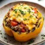 Stuffed bell peppers on grill - the image shows a plate of stuffed bell peppers. the bell peppers are yellow in color and are stuffed with a mixture of ground beef, rice, and vegetables. the top of the bell peppers is covered in melted cheese and garnished with chopped parsley. the plate is brown and has a speckled pattern. in the background, there is a tray of more bell peppers and a white countertop.