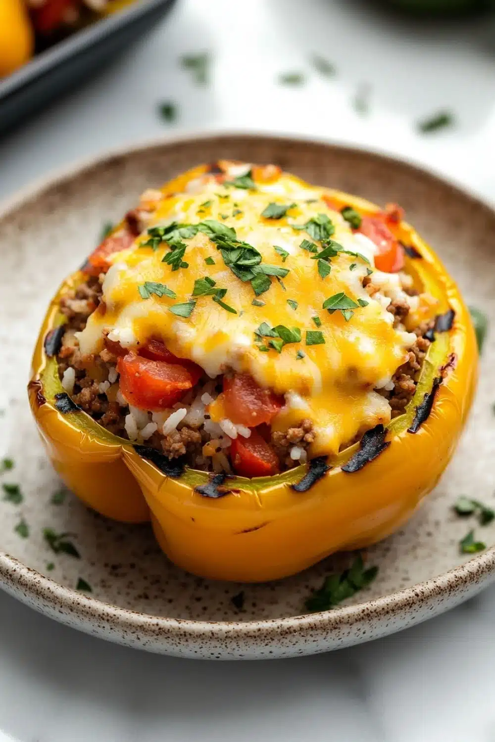 Stuffed bell peppers on grill - the image shows a plate of stuffed bell peppers. the bell peppers are yellow in color and are stuffed with a mixture of ground beef, rice, and vegetables. the top of the bell peppers is covered in melted cheese and garnished with chopped parsley. the plate is brown and has a speckled pattern. in the background, there is a tray of more bell peppers and a white countertop.