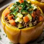 Stuffed bell peppers paleo - the image shows two yellow bell peppers on a white plate with a green and white speckled pattern. the peppers are stuffed with a mixture of ground beef, zucchini, and carrots. the dish is garnished with fresh parsley. the background is blurred, but it appears to be a kitchen countertop.