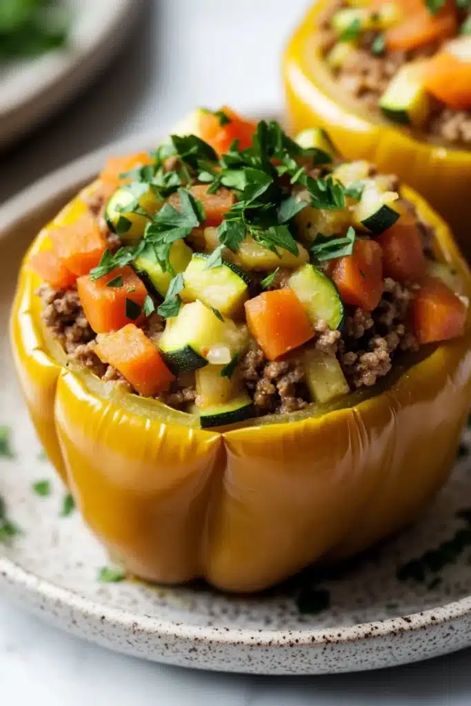 Stuffed bell peppers paleo - the image shows two yellow bell peppers on a white plate with a green and white speckled pattern. the peppers are stuffed with a mixture of ground beef, zucchini, and carrots. the dish is garnished with fresh parsley. the background is blurred, but it appears to be a kitchen countertop.