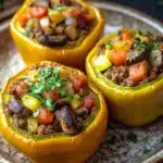 Stuffed bell peppers paleo - the image shows three yellow bell peppers on a brown and white patterned plate. the peppers are stuffed with a mixture of ground meat, vegetables, and herbs. the meat appears to be ground beef, and the vegetables include carrots, zucchini, and mushrooms. the dish is garnished with chopped parsley. the plate is sitting on a dark wooden table with a few sprigs of parsley scattered around.