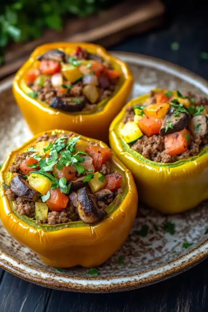 Stuffed bell peppers paleo - the image shows three yellow bell peppers on a brown and white patterned plate. the peppers are stuffed with a mixture of ground meat, vegetables, and herbs. the meat appears to be ground beef, and the vegetables include carrots, zucchini, and mushrooms. the dish is garnished with chopped parsley. the plate is sitting on a dark wooden table with a few sprigs of parsley scattered around.