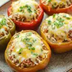 Stuffed bell peppers pioneer woman - the image shows a plate of stuffed bell peppers. the bell peppers are arranged in a circular pattern on a brown and white speckled plate. each bell pepper is filled with a mixture of ground meat, cheese, and herbs. the cheese is melted and bubbly, and the herbs are scattered on top. the plate is sitting on a wooden table.