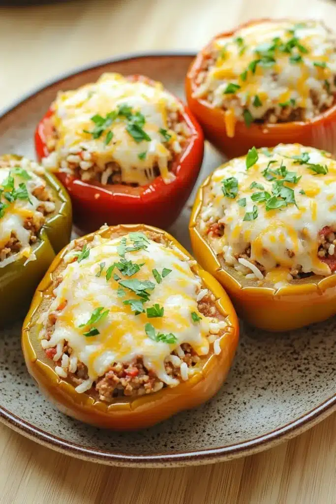Stuffed bell peppers pioneer woman - the image shows a plate of stuffed bell peppers. the bell peppers are arranged in a circular pattern on a brown and white speckled plate. each bell pepper is filled with a mixture of ground meat, cheese, and herbs. the cheese is melted and bubbly, and the herbs are scattered on top. the plate is sitting on a wooden table.