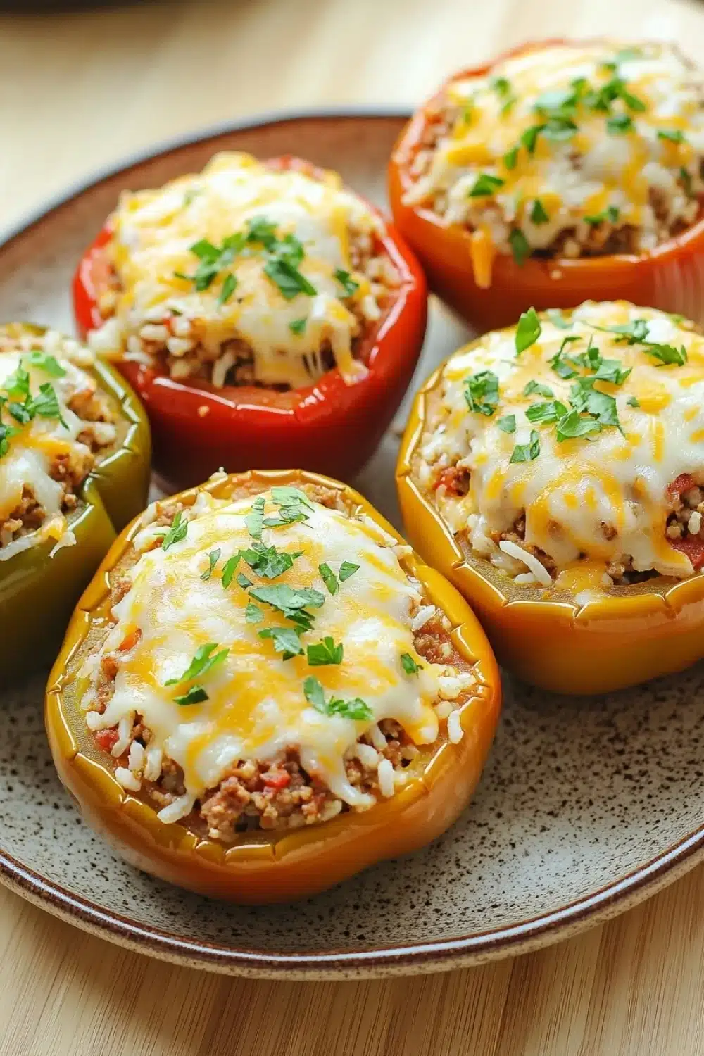 Stuffed bell peppers pioneer woman - the image shows a plate of stuffed bell peppers. the bell peppers are arranged in a circular pattern on a brown and white speckled plate. each bell pepper is filled with a mixture of ground meat, cheese, and herbs. the cheese is melted and bubbly, and the herbs are scattered on top. the plate is sitting on a wooden table.
