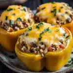 Stuffed bell peppers pioneer woman - the image shows three yellow bell peppers on a plate. the peppers are stuffed with ground beef and cheese, and are garnished with chopped parsley. the plate is on a wooden table with a blurred background. the overall color scheme of the image is warm and inviting.