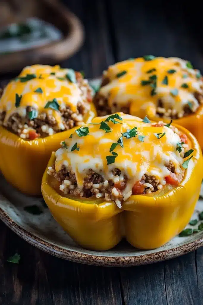 Stuffed bell peppers pioneer woman - the image shows three yellow bell peppers on a plate. the peppers are stuffed with ground beef and cheese, and are garnished with chopped parsley. the plate is on a wooden table with a blurred background. the overall color scheme of the image is warm and inviting.