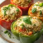 Stuffed bell peppers ricotta - the image shows a plate of stuffed bell peppers. the bell peppers are red and green in color and are arranged in a circular pattern on a white plate. each bell pepper is filled with a mixture of quinoa, tomato sauce, and cheese. the cheese is melted and bubbly, and there are fresh basil leaves scattered on top. the plate is garnished with a sprig of fresh basil. the background is blurred, but it appears to be a kitchen countertop.