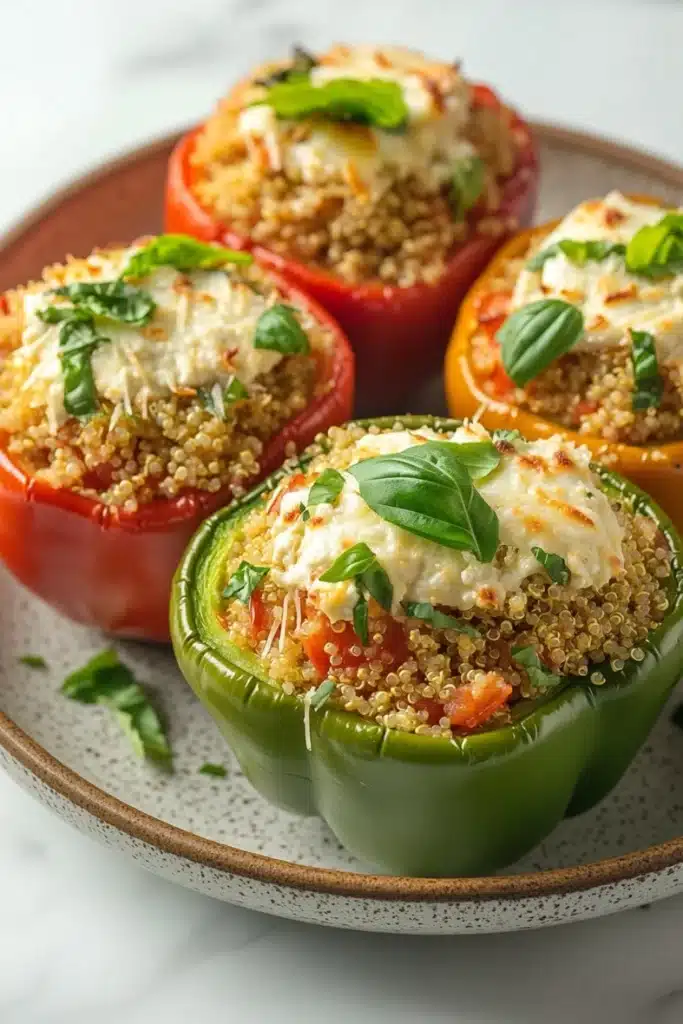 Stuffed bell peppers ricotta - the image shows a plate of stuffed bell peppers. the bell peppers are red and green in color and are arranged in a circular pattern on a white plate. each bell pepper is filled with a mixture of quinoa, tomato sauce, and cheese. the cheese is melted and bubbly, and there are fresh basil leaves scattered on top. the plate is garnished with a sprig of fresh basil. the background is blurred, but it appears to be a kitchen countertop.