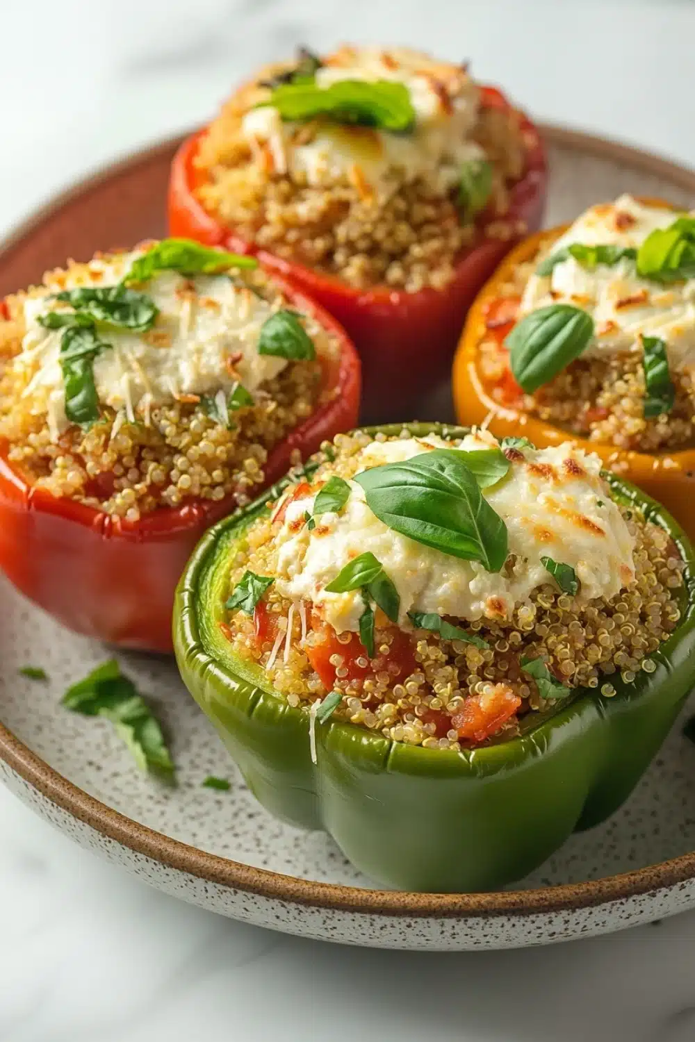 Stuffed bell peppers ricotta - the image shows a plate of stuffed bell peppers. the bell peppers are red and green in color and are arranged in a circular pattern on a white plate. each bell pepper is filled with a mixture of quinoa, tomato sauce, and cheese. the cheese is melted and bubbly, and there are fresh basil leaves scattered on top. the plate is garnished with a sprig of fresh basil. the background is blurred, but it appears to be a kitchen countertop.