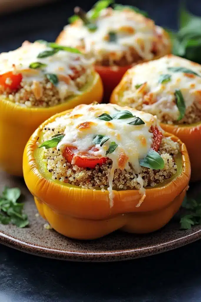Stuffed bell peppers ricotta - the image shows four stuffed bell peppers on a brown plate. the bell peppers are yellow in color and have a quinoa-like texture. they are topped with melted cheese and fresh basil leaves. the plate is garnished with a sprig of parsley. the background is dark and out of focus, making the bell peppers the focal point of the image.