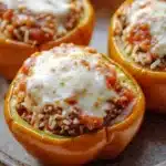 Stuffed bell peppers tomato sauce - the image shows three stuffed bell peppers on a plate. the bell peppers are orange in color and have a round shape. they are filled with a mixture of ground beef, tomato sauce, and white rice. the top of the bell peppers is covered in melted cheese. the plate is brown and has a speckled pattern. the background is blurred, but it appears to be a wooden table.
