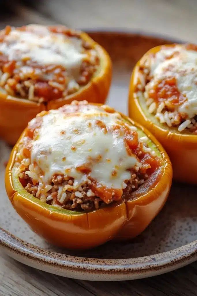 Stuffed bell peppers tomato sauce - the image shows three stuffed bell peppers on a plate. the bell peppers are orange in color and have a round shape. they are filled with a mixture of ground beef, tomato sauce, and white rice. the top of the bell peppers is covered in melted cheese. the plate is brown and has a speckled pattern. the background is blurred, but it appears to be a wooden table.