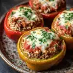 Stuffed bell peppers tomato sauce - the image shows four stuffed bell peppers on a brown plate. the bell peppers are red and yellow in color and are filled with a mixture of ground meat, rice, and cheese. the cheese is melted and bubbly on top, and there is a sprinkle of chopped parsley on top. the plate is sitting on a dark wooden table.