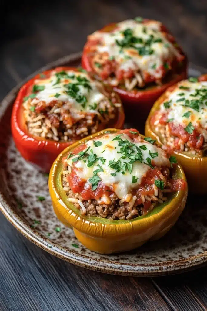 Stuffed bell peppers tomato sauce - the image shows four stuffed bell peppers on a brown plate. the bell peppers are red and yellow in color and are filled with a mixture of ground meat, rice, and cheese. the cheese is melted and bubbly on top, and there is a sprinkle of chopped parsley on top. the plate is sitting on a dark wooden table.