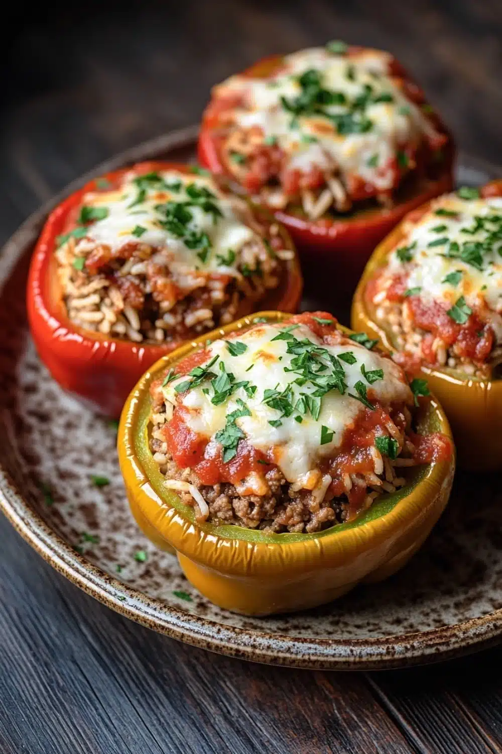 Stuffed bell peppers tomato sauce - the image shows four stuffed bell peppers on a brown plate. the bell peppers are red and yellow in color and are filled with a mixture of ground meat, rice, and cheese. the cheese is melted and bubbly on top, and there is a sprinkle of chopped parsley on top. the plate is sitting on a dark wooden table.