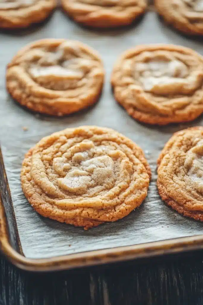 Sugar cookie chewy - the image shows a baking tray lined with freshly baked cookies. the cookies are round and golden brown in color, with a swirl pattern on top. they are arranged in a single layer on the tray, with some overlapping each other. the tray is placed on a wooden table, and the cookies appear to be freshly baked. the background is blurred, but it appears to be a kitchen countertop.