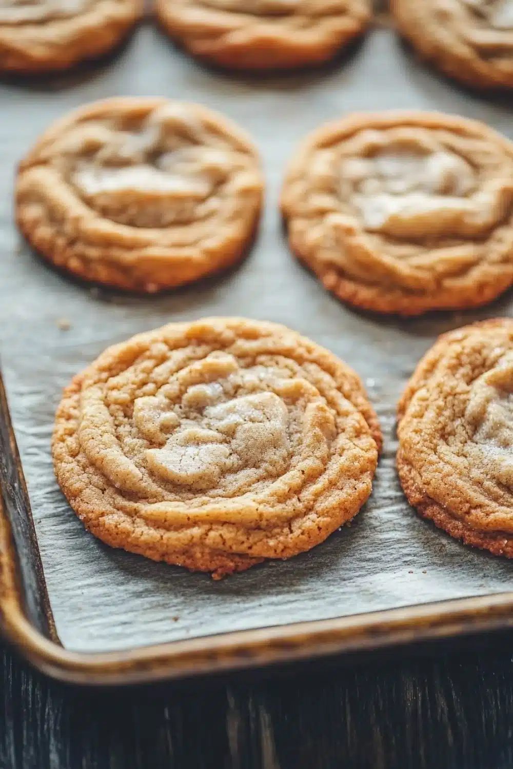 Sugar cookie chewy - the image shows a baking tray lined with freshly baked cookies. the cookies are round and golden brown in color, with a swirl pattern on top. they are arranged in a single layer on the tray, with some overlapping each other. the tray is placed on a wooden table, and the cookies appear to be freshly baked. the background is blurred, but it appears to be a kitchen countertop.
