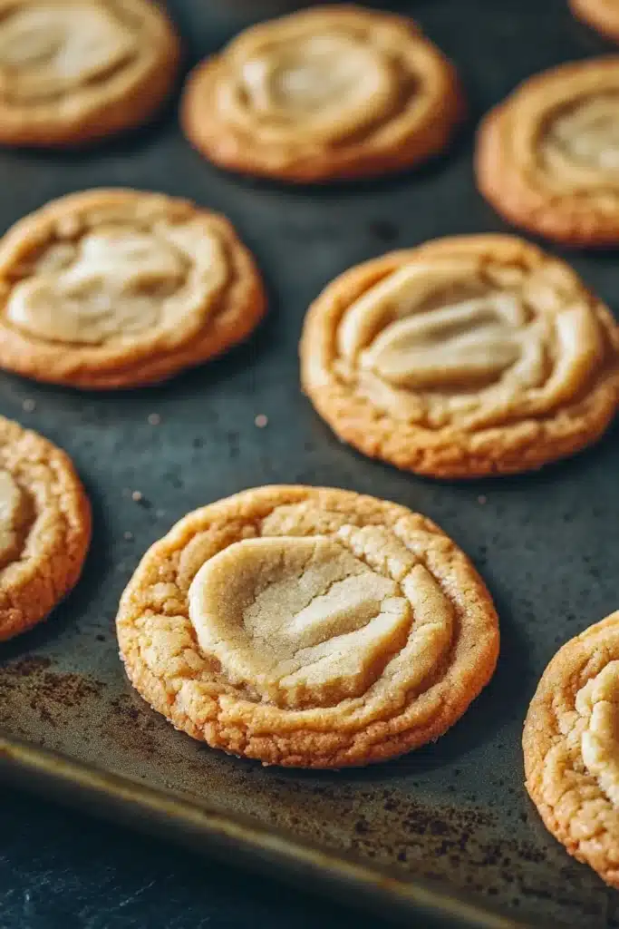 Sugar cookie chewy - the image shows a baking tray with freshly baked cookies on it. the cookies are round and golden brown in color, with a swirl pattern on top. they are arranged in a single layer on the tray, with some overlapping each other. the tray is lined with parchment paper, and there is a metal spatula resting on the side. the background is dark, making the cookies stand out.