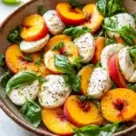 Summer peach caprese salad - the image is a close-up of a salad in a bowl. the salad is made up of sliced peaches, mozzarella cheese, and fresh basil leaves. the peaches are arranged in a circular pattern, with some overlapping each other. the cheese is white and appears to be soft and fluffy. the basil leaves are a vibrant green color and are scattered throughout the salad. the bowl is a light brown color and is sitting on a white marble countertop. there are a few sprigs of fresh basil scattered around the bowl, adding a pop of color to the dish.