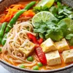 Thai red curry noodle soup with tofu - the image is a close-up of a bowl of soup. the soup appears to be a type of noodle soup with tofu, carrots, green beans, and red chili peppers. the noodles are long and thin, and the soup is a rich orange color. there are also slices of lime and cilantro scattered throughout the dish. the bowl is made of ceramic with a black and white speckled pattern. the background is a white marble countertop.