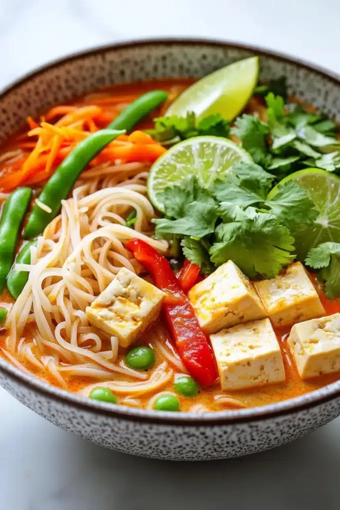 Thai red curry noodle soup with tofu - the image is a close-up of a bowl of soup. the soup appears to be a type of noodle soup with tofu, carrots, green beans, and red chili peppers. the noodles are long and thin, and the soup is a rich orange color. there are also slices of lime and cilantro scattered throughout the dish. the bowl is made of ceramic with a black and white speckled pattern. the background is a white marble countertop.