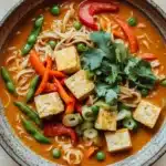 Thai red curry noodle soup with tofu - the image is a close-up of a bowl of asian-style noodle soup. the soup is a rich orange color and appears to be thick and creamy. it is garnished with sliced red and green bell peppers, sliced green peas, and sliced carrots. there are also pieces of tofu and a sprig of cilantro on top of the noodles. the bowl is made of ceramic and is sitting on a wooden table. the overall appearance of the soup is colorful and appetizing.