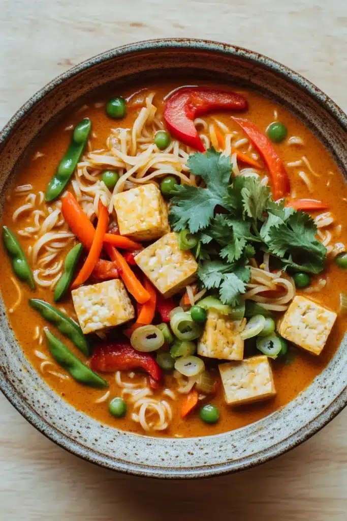 Thai red curry noodle soup with tofu - the image is a close-up of a bowl of asian-style noodle soup. the soup is a rich orange color and appears to be thick and creamy. it is garnished with sliced red and green bell peppers, sliced green peas, and sliced carrots. there are also pieces of tofu and a sprig of cilantro on top of the noodles. the bowl is made of ceramic and is sitting on a wooden table. the overall appearance of the soup is colorful and appetizing.