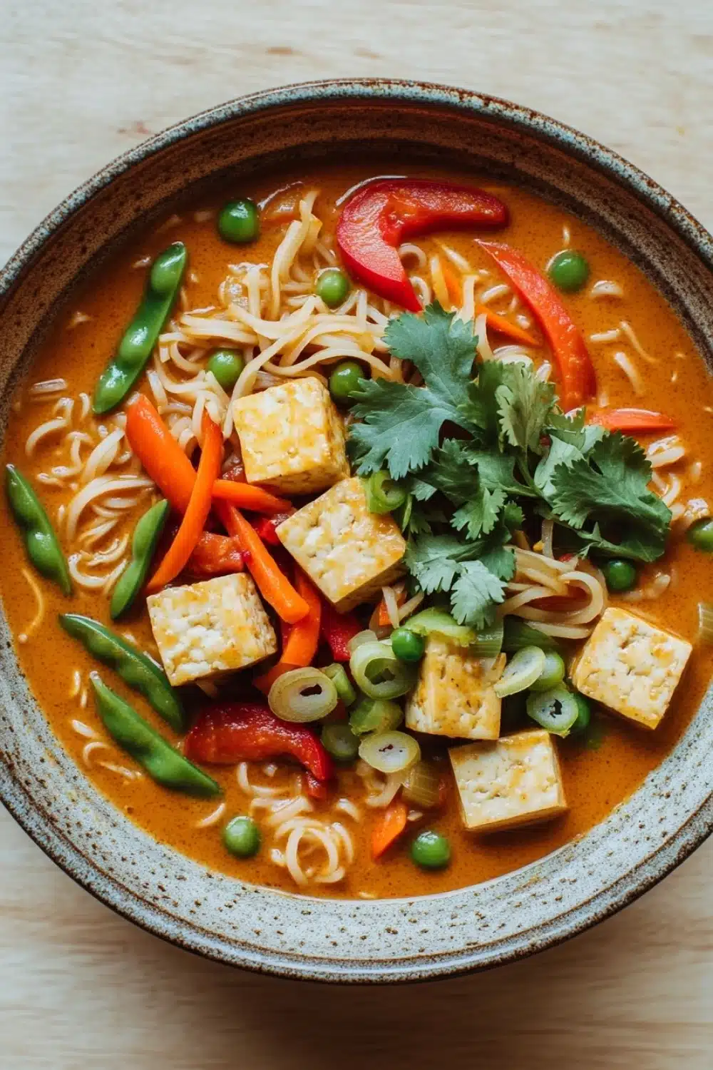 Thai red curry noodle soup with tofu - the image is a close-up of a bowl of asian-style noodle soup. the soup is a rich orange color and appears to be thick and creamy. it is garnished with sliced red and green bell peppers, sliced green peas, and sliced carrots. there are also pieces of tofu and a sprig of cilantro on top of the noodles. the bowl is made of ceramic and is sitting on a wooden table. the overall appearance of the soup is colorful and appetizing.
