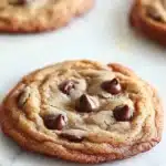 Thin and crispy chocolate chip cookie - the image shows a close-up of a freshly baked chocolate chip cookie on a baking sheet. the cookie is round and golden brown in color, with a swirl pattern on top. it is covered in chocolate chips, which are arranged in a circular pattern around the edges of the cookie. the chocolate chips are evenly distributed throughout the cookie, creating a smooth and shiny texture. the baking sheet is lined with parchment paper, and there are other cookies visible in the background.