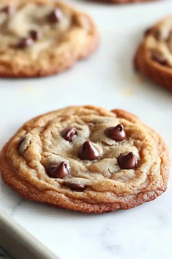 Thin and crispy chocolate chip cookie - the image shows a close-up of a freshly baked chocolate chip cookie on a baking sheet. the cookie is round and golden brown in color, with a swirl pattern on top. it is covered in chocolate chips, which are arranged in a circular pattern around the edges of the cookie. the chocolate chips are evenly distributed throughout the cookie, creating a smooth and shiny texture. the baking sheet is lined with parchment paper, and there are other cookies visible in the background.