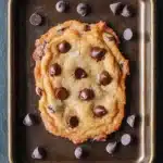 Thin and crispy chocolate chip cookie - the image shows a freshly baked chocolate chip cookie on a rectangular baking tray. the cookie is golden brown in color and has a crumbly texture. it is surrounded by small chocolate chips scattered around the tray, giving it a shiny appearance. the tray is placed on a dark grey textured surface.