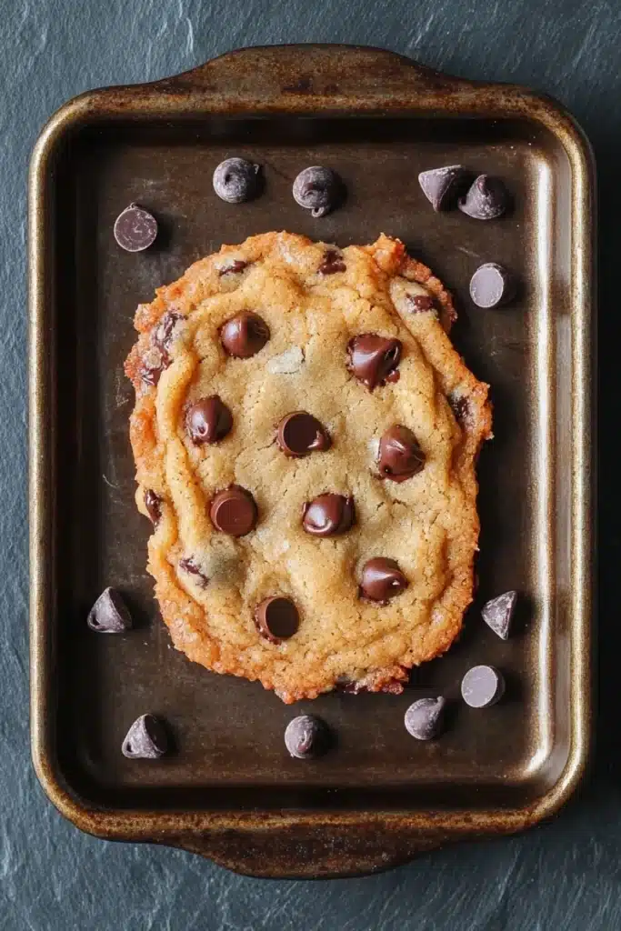 Thin and crispy chocolate chip cookie - the image shows a freshly baked chocolate chip cookie on a rectangular baking tray. the cookie is golden brown in color and has a crumbly texture. it is surrounded by small chocolate chips scattered around the tray, giving it a shiny appearance. the tray is placed on a dark grey textured surface.