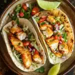 Tilapia fish tacos air fryer - the image shows two fish tacos on a brown plate. the tacos are filled with grilled fish, diced tomatoes, red onions, and cilantro. there are two lime wedges on either side of the plate, and a sprig of cilantro on the side. the plate is placed on a dark wooden table.