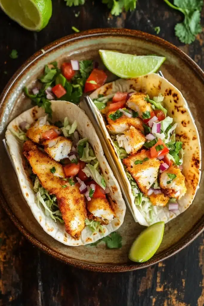 Tilapia fish tacos air fryer - the image shows two fish tacos on a brown plate. the tacos are filled with grilled fish, diced tomatoes, red onions, and cilantro. there are two lime wedges on either side of the plate, and a sprig of cilantro on the side. the plate is placed on a dark wooden table.