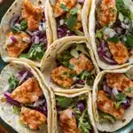 Tilapia fish tacos air fryer - the image shows a plate of six tacos arranged in a circular pattern on a dark green plate. the tacos are made with a tortilla shell and are filled with grilled chicken, red onions, and cilantro. the chicken is golden brown and appears to be seasoned with herbs and spices. the plate is garnished with fresh cilantro leaves. the background is a textured black surface.