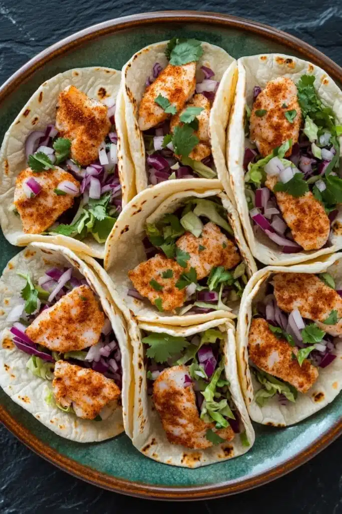 Tilapia fish tacos air fryer - the image shows a plate of six tacos arranged in a circular pattern on a dark green plate. the tacos are made with a tortilla shell and are filled with grilled chicken, red onions, and cilantro. the chicken is golden brown and appears to be seasoned with herbs and spices. the plate is garnished with fresh cilantro leaves. the background is a textured black surface.
