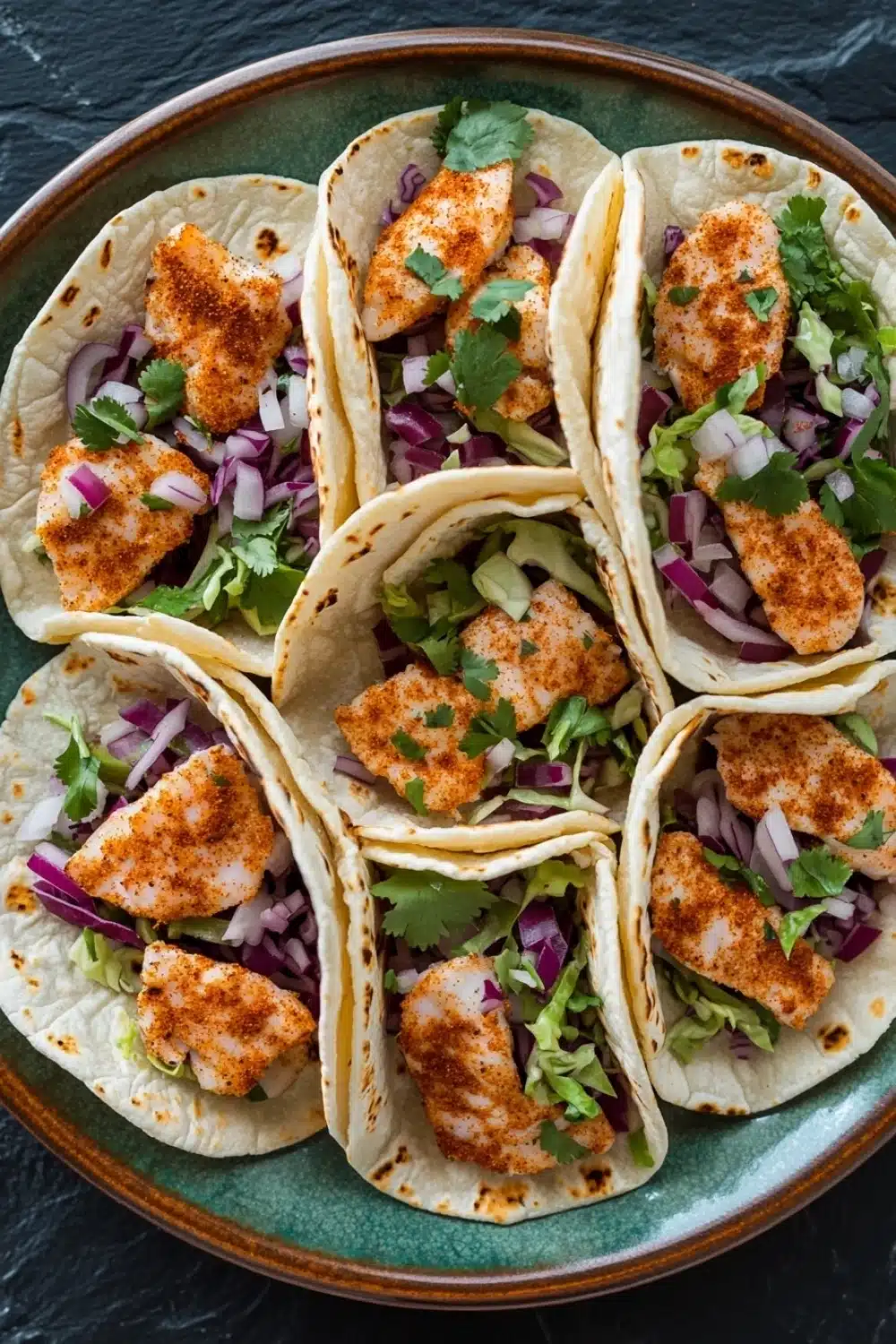 Tilapia fish tacos air fryer - the image shows a plate of six tacos arranged in a circular pattern on a dark green plate. the tacos are made with a tortilla shell and are filled with grilled chicken, red onions, and cilantro. the chicken is golden brown and appears to be seasoned with herbs and spices. the plate is garnished with fresh cilantro leaves. the background is a textured black surface.