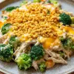 Trish yearwood chicken broccoli casserole - the image is a close-up of a plate of food. the plate is round and has a light brown color with a speckled pattern. on top of the plate, there is a serving of chicken and broccoli casserole. the chicken is covered in a layer of melted cheese and there are small pieces of broccoli scattered throughout the dish. the cheese is golden brown and appears to be melted and bubbly. the broccoli is bright green and looks fresh and healthy. the dish looks appetizing and ready to eat.