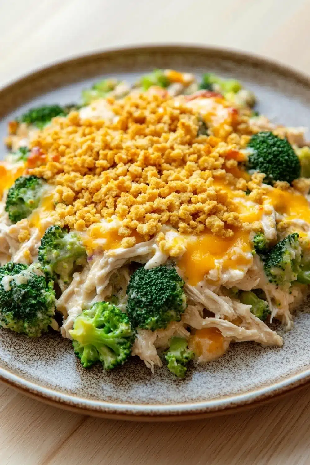 Trish yearwood chicken broccoli casserole - the image is a close-up of a plate of food. the plate is round and has a light brown color with a speckled pattern. on top of the plate, there is a serving of chicken and broccoli casserole. the chicken is covered in a layer of melted cheese and there are small pieces of broccoli scattered throughout the dish. the cheese is golden brown and appears to be melted and bubbly. the broccoli is bright green and looks fresh and healthy. the dish looks appetizing and ready to eat.