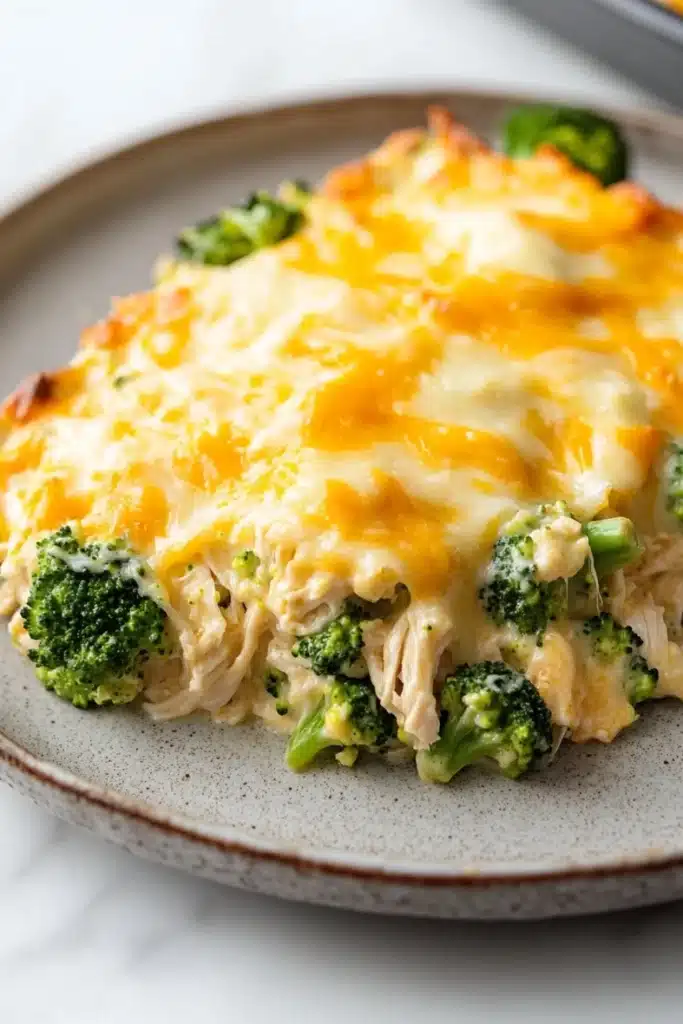 Trish yearwood chicken broccoli casserole - the image shows a plate of food with a casserole dish on it. the dish appears to be made with chicken and broccoli, and it is covered in melted cheese. the cheese is a bright yellow color and is spread evenly over the top of the dish. the broccoli is a vibrant green color and looks fresh and healthy. the plate is a light brown color with a speckled pattern around the edges. the background is blurred, but it seems to be a kitchen countertop.