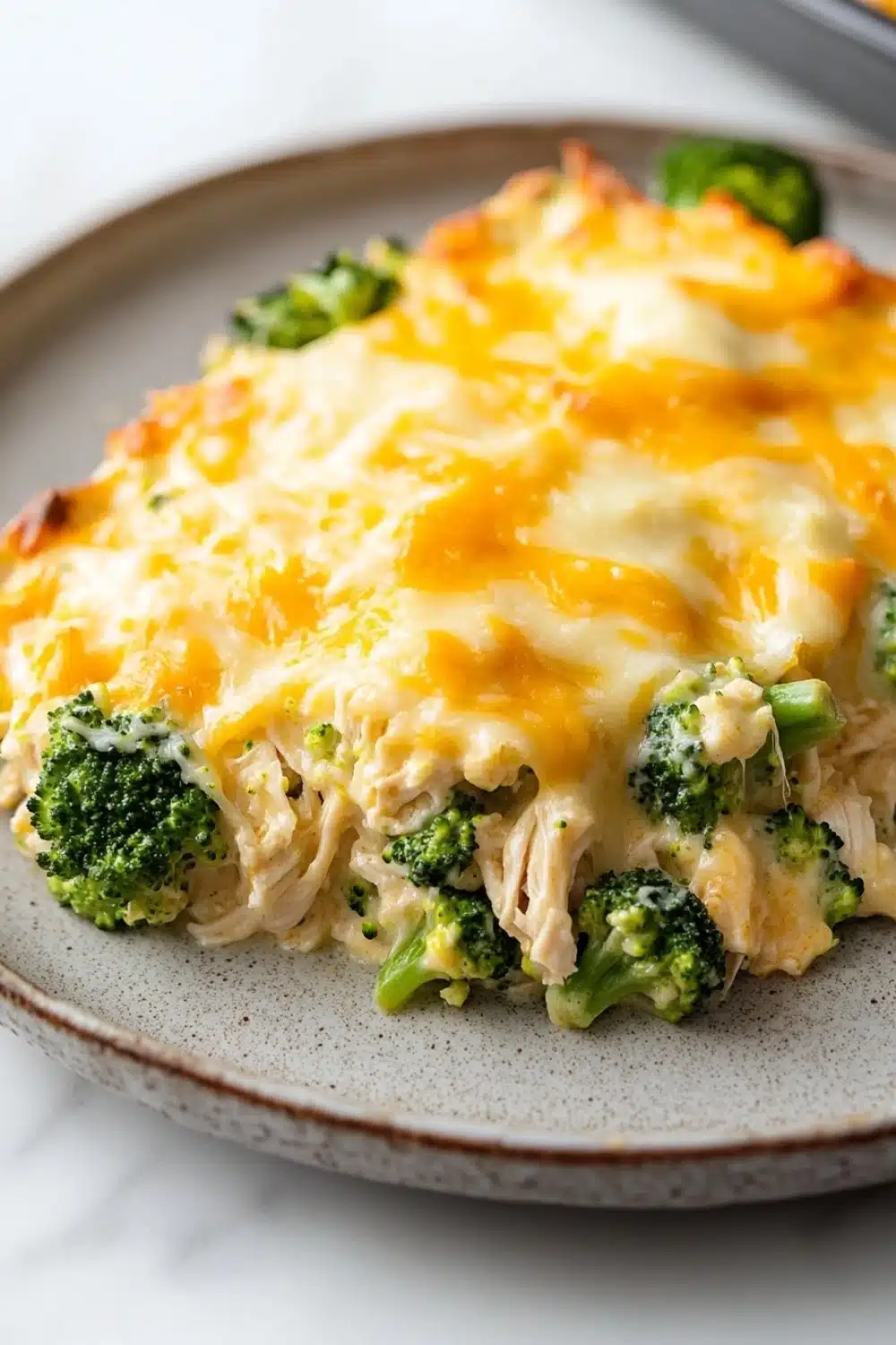 Trish yearwood chicken broccoli casserole - the image shows a plate of food with a casserole dish on it. the dish appears to be made with chicken and broccoli, and it is covered in melted cheese. the cheese is a bright yellow color and is spread evenly over the top of the dish. the broccoli is a vibrant green color and looks fresh and healthy. the plate is a light brown color with a speckled pattern around the edges. the background is blurred, but it seems to be a kitchen countertop.