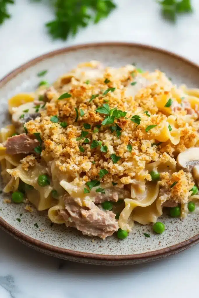 Tuna casserole no cheese - the image is a close-up of a plate of pasta dish. the dish appears to be a type of fettuccine alfredo, with a creamy white sauce and chunks of meat and vegetables mixed in. the pasta is cooked al dente and is topped with a crumbled breadcrumb topping. there are also small pieces of sliced mushrooms scattered throughout the dish, adding a pop of green color. the plate is sitting on a white marble countertop, and there are a few sprigs of parsley scattered around the plate.