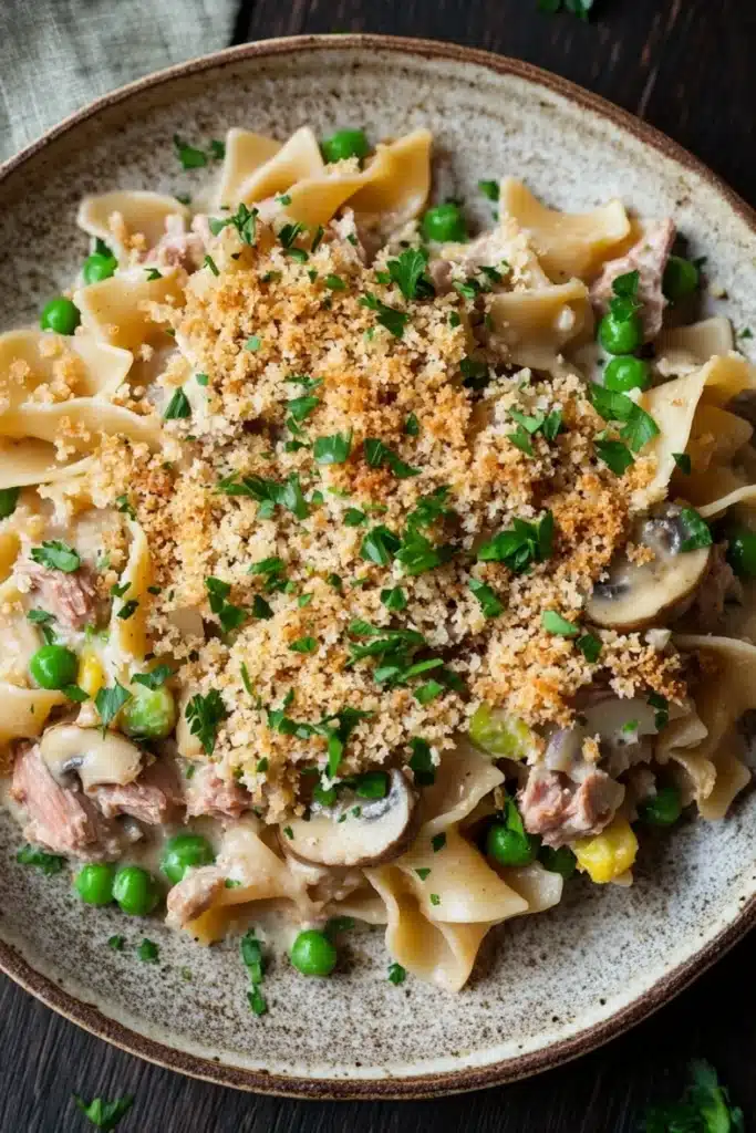Tuna casserole no cheese - the image is a close-up of a bowl of pasta dish. the dish appears to be a type of fettuccine alfredo pasta, with chunks of meat and vegetables mixed in. the pasta is cooked al dente and is topped with a crumbled breadcrumb topping. the vegetables include peas, mushrooms, and corn kernels. the bowl is sitting on a wooden table with a green napkin and a sprig of parsley scattered around it. the overall color scheme of the dish is warm and inviting.
